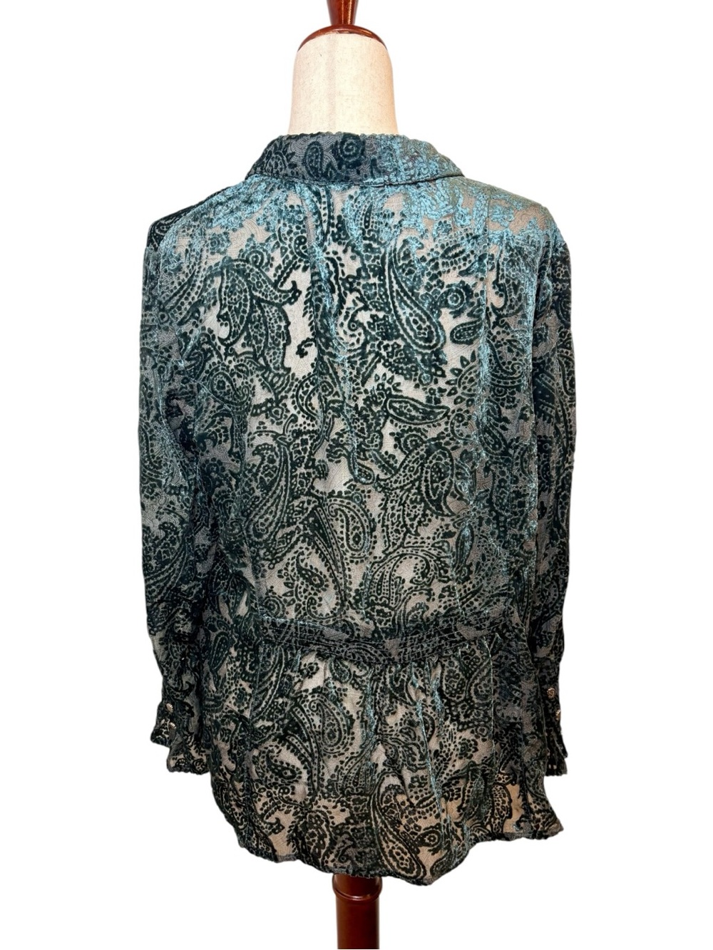 Coldwater Creek Green Sheer Burnout Velvet Paisley Blouse Boho Goth PXL - Picture 3 of 8